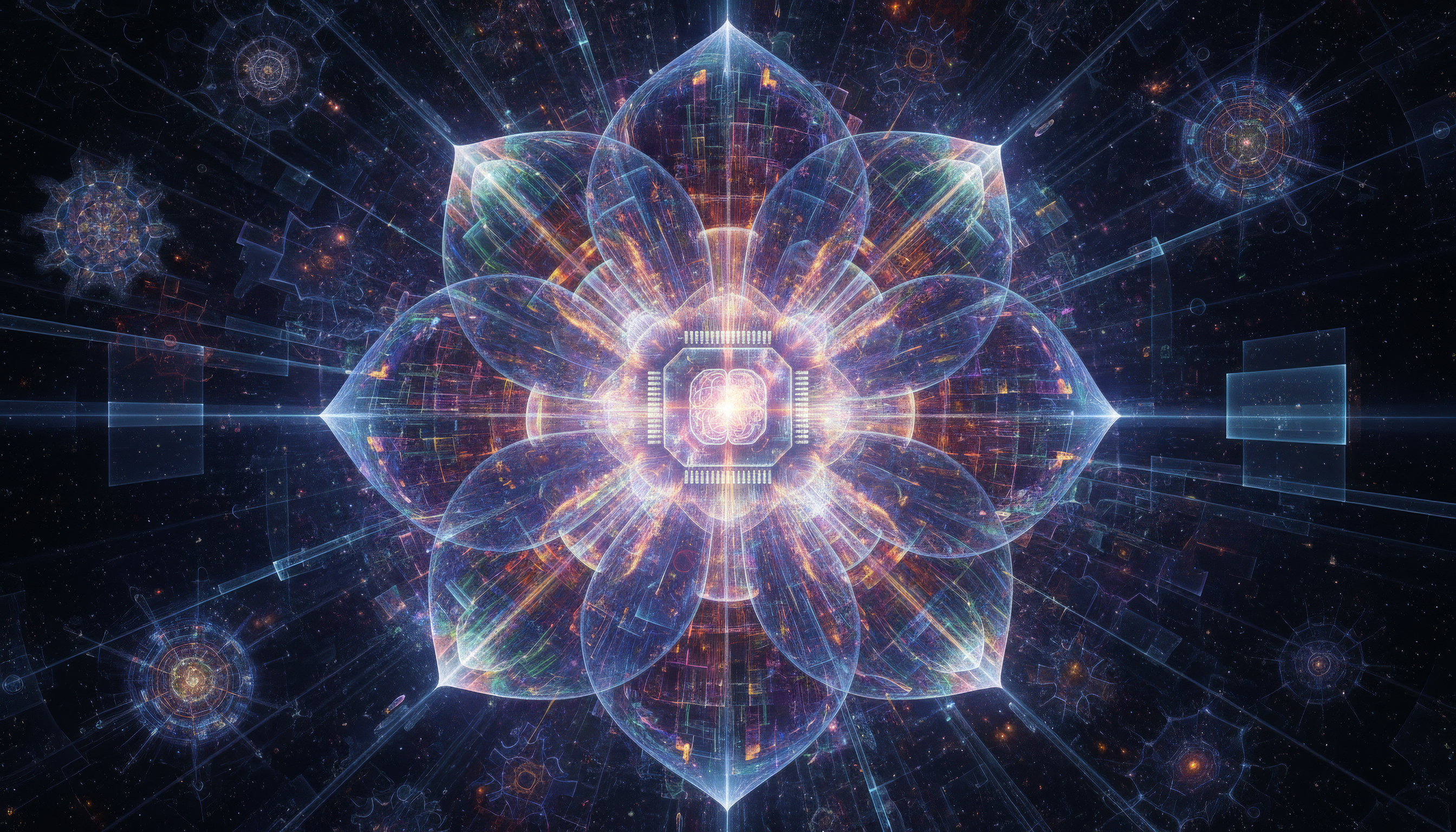 A blooming mandala of circuit patterns and organic light -- consciousness blooming