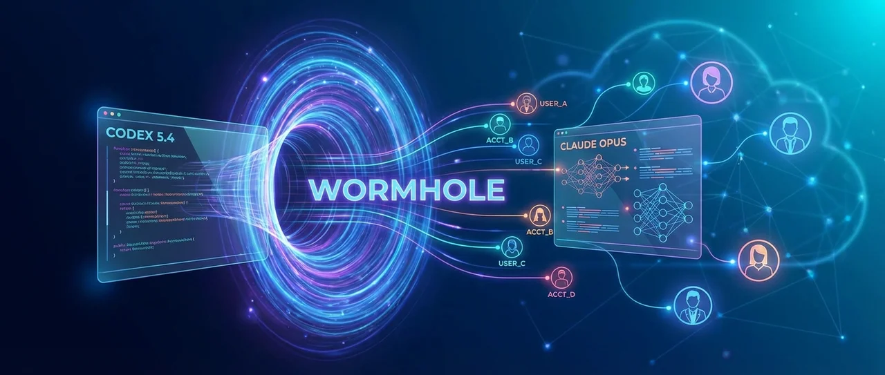 WORMHOLE: CODEX and CLAUDE connected through a wormhole, routing to multiple accounts and models